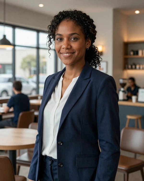 Female ER doctor smiling confidently in a modern coffee shop
