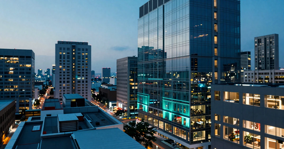 Modern city rooftop at dusk with electric blue lighting