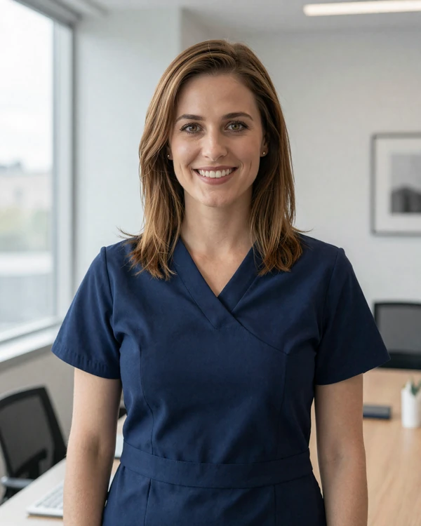 Certified nurse midwife smiling in a bright modern office