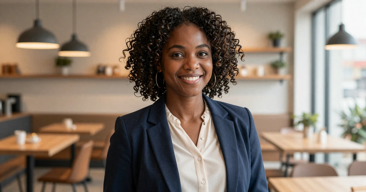 Female obstetrician smiling confidently in a modern coffee shop