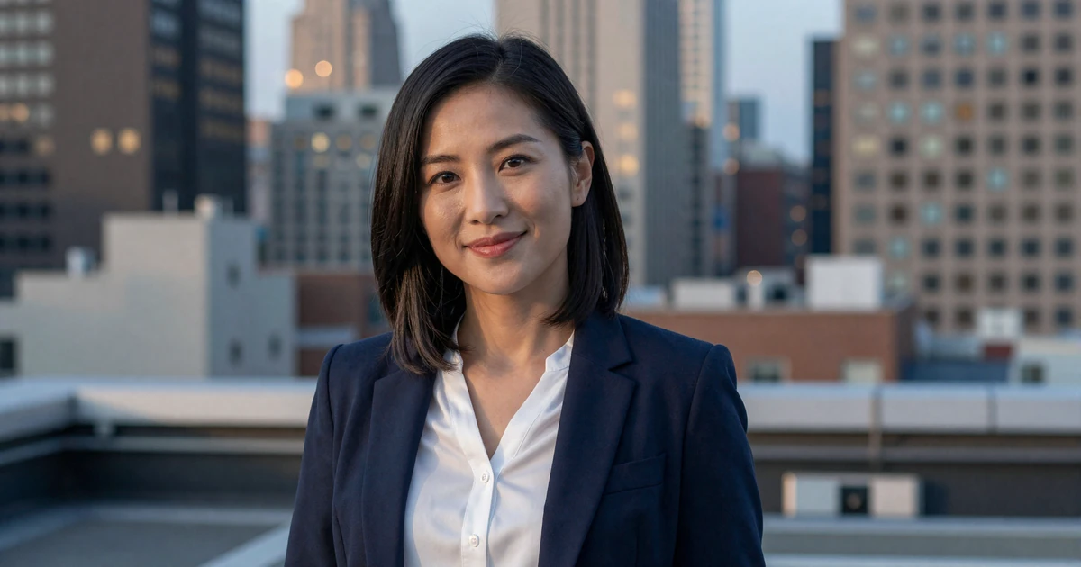 Female urologist in a navy blazer standing on a city rooftop at dusk
