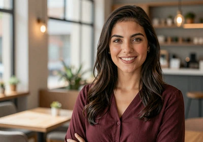 Female physician assistant in smart casual attire smiling in a bright modern clinic