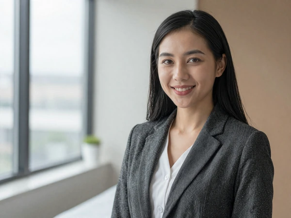 Female pharmacist in an elegant dress smiling in a modern office