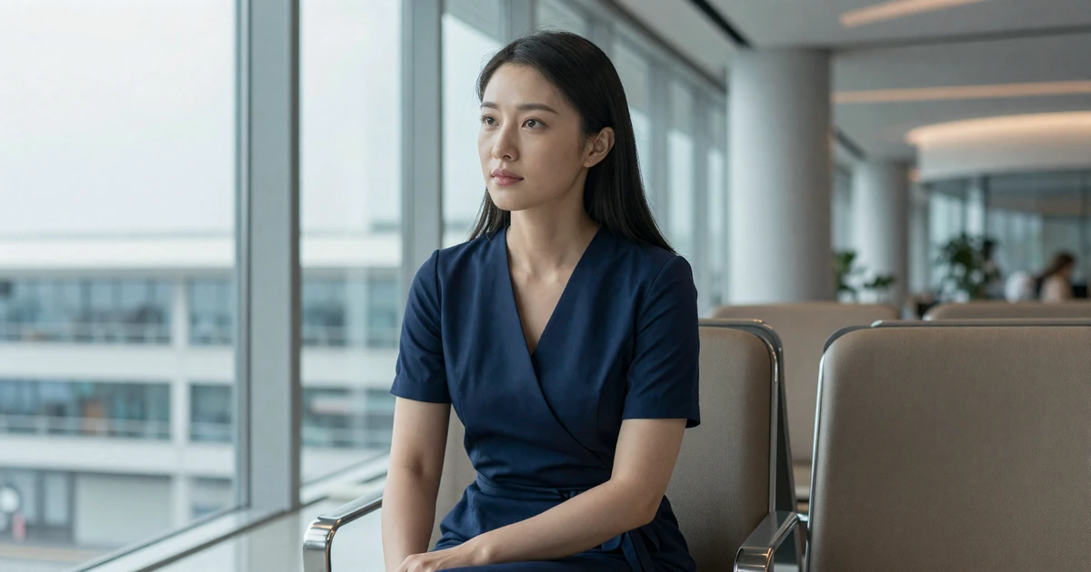 Female radiologist sitting thoughtfully in a modern airport lounge