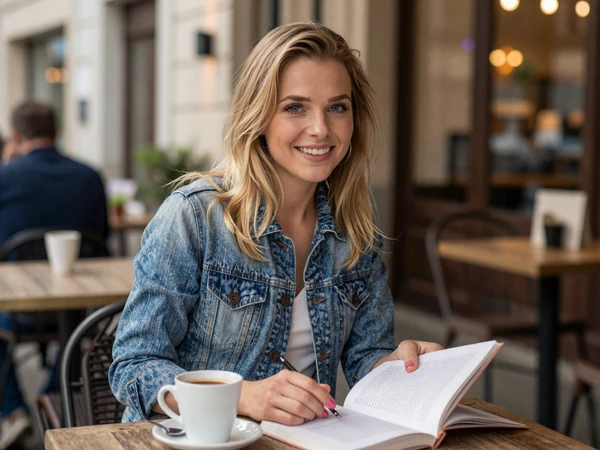 Female travel nurse relaxing at an outdoor cafe with coffee and a guidebook