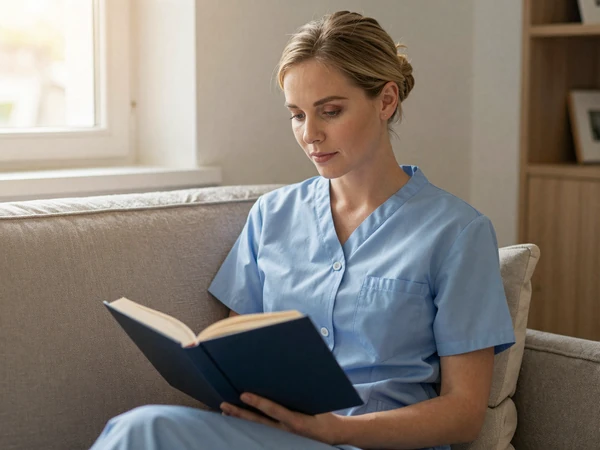 Female nurse practitioner reading a book on a couch near a window