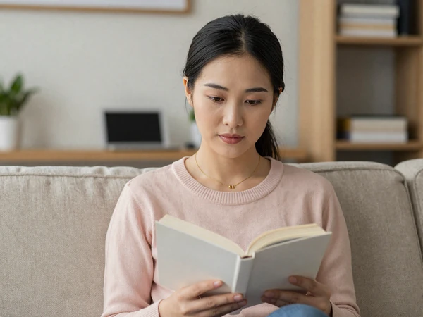 Female family doctor relaxing with a book in a bright apartment