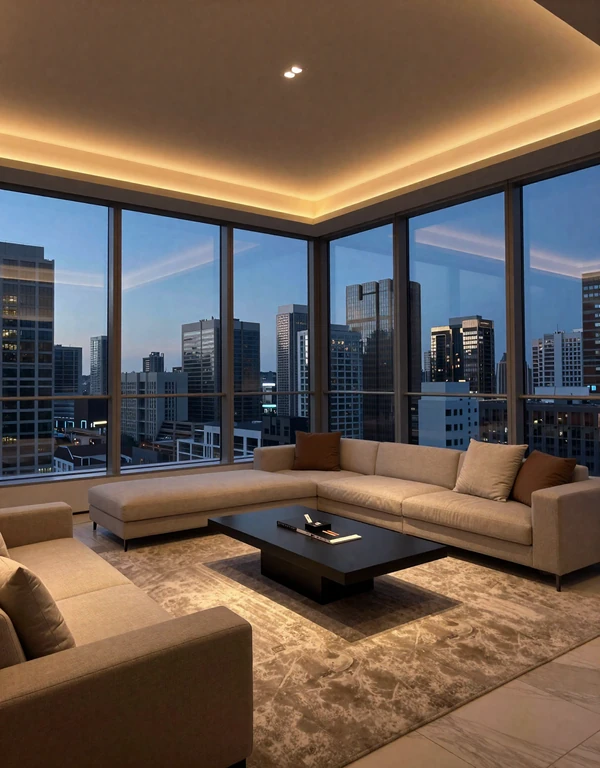 Modern luxury apartment living room with city skyline view at dusk