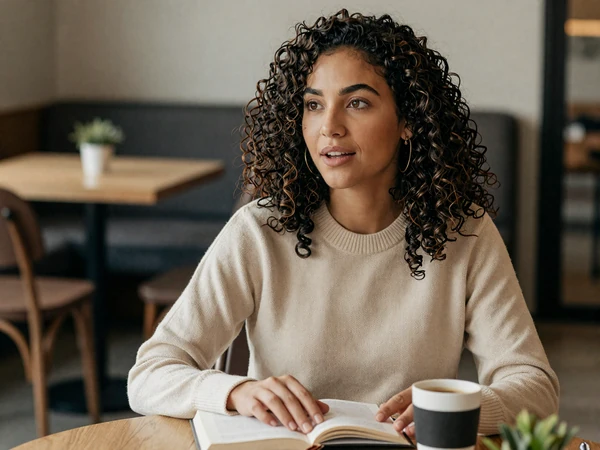 Female psychiatrist reading a book at a cafe table with coffee