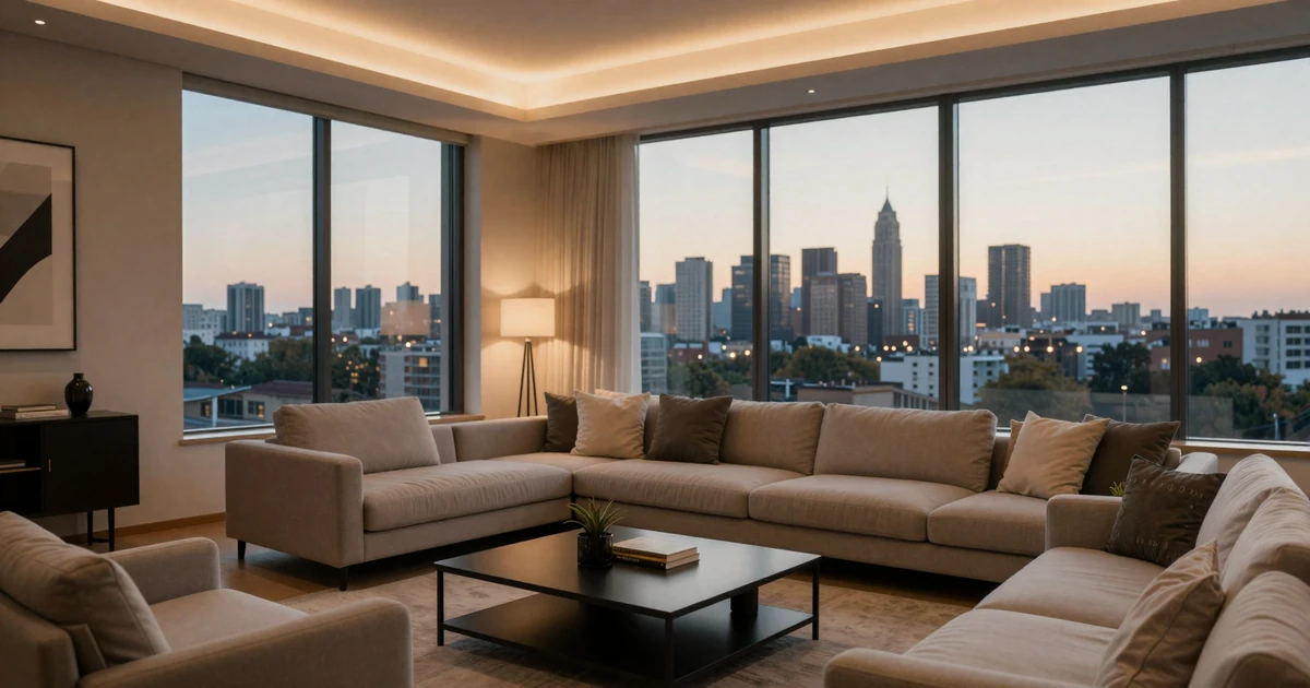 Modern living room with warm lighting and city view at dusk