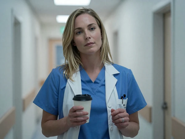Female orthopedic surgeon holding coffee in a bright hospital corridor after surgery