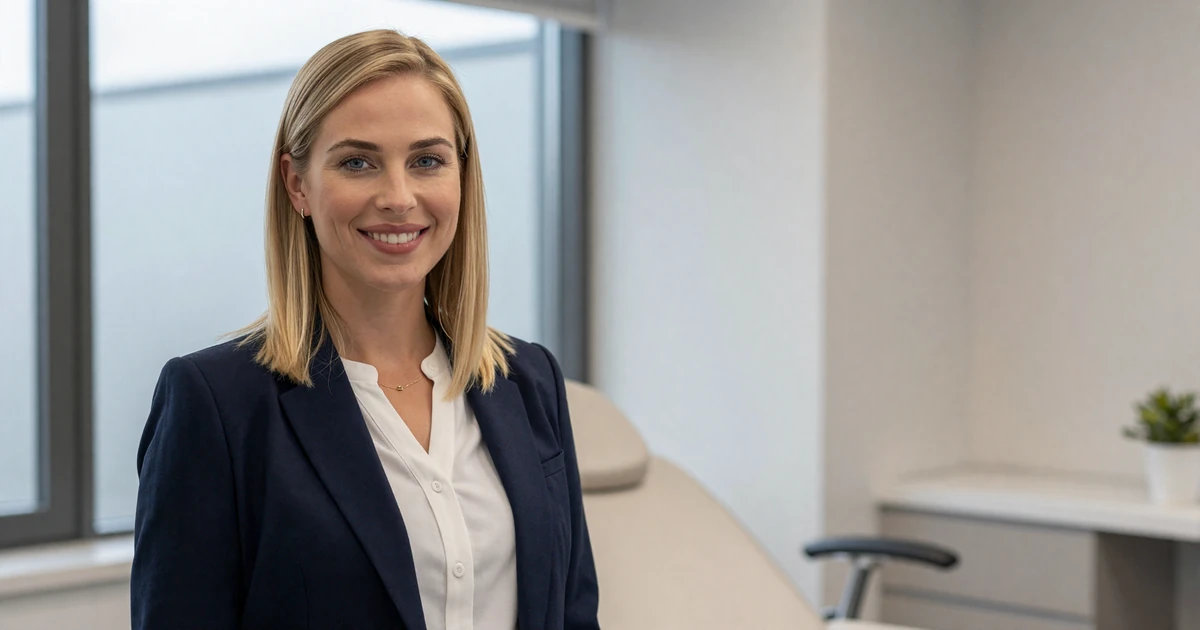 Female plastic surgeon in a smart casual blazer smiling in a modern clinic