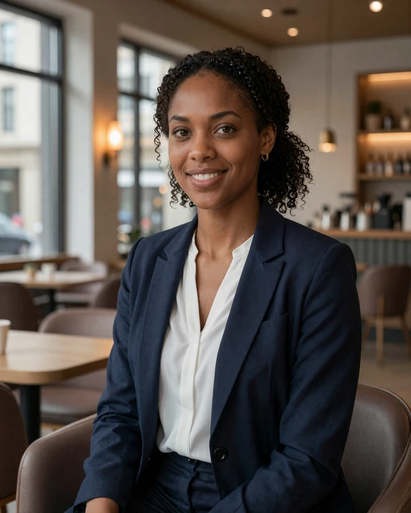 Female ophthalmologist smiling confidently in a modern coffee shop