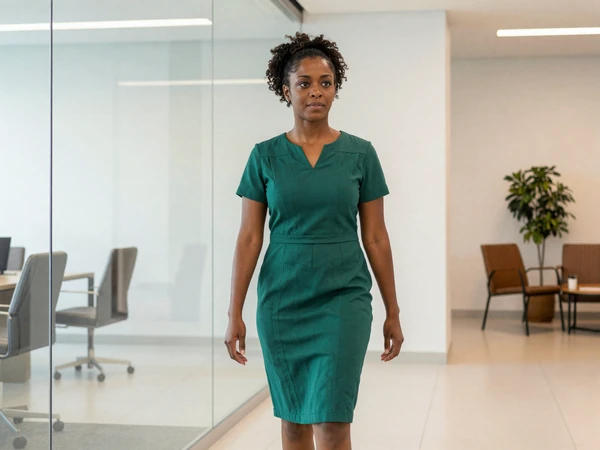 Female cardiologist walking confidently through a modern office lobby