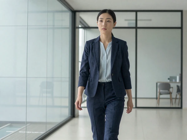 Female oncologist walking confidently through a bright modern office building