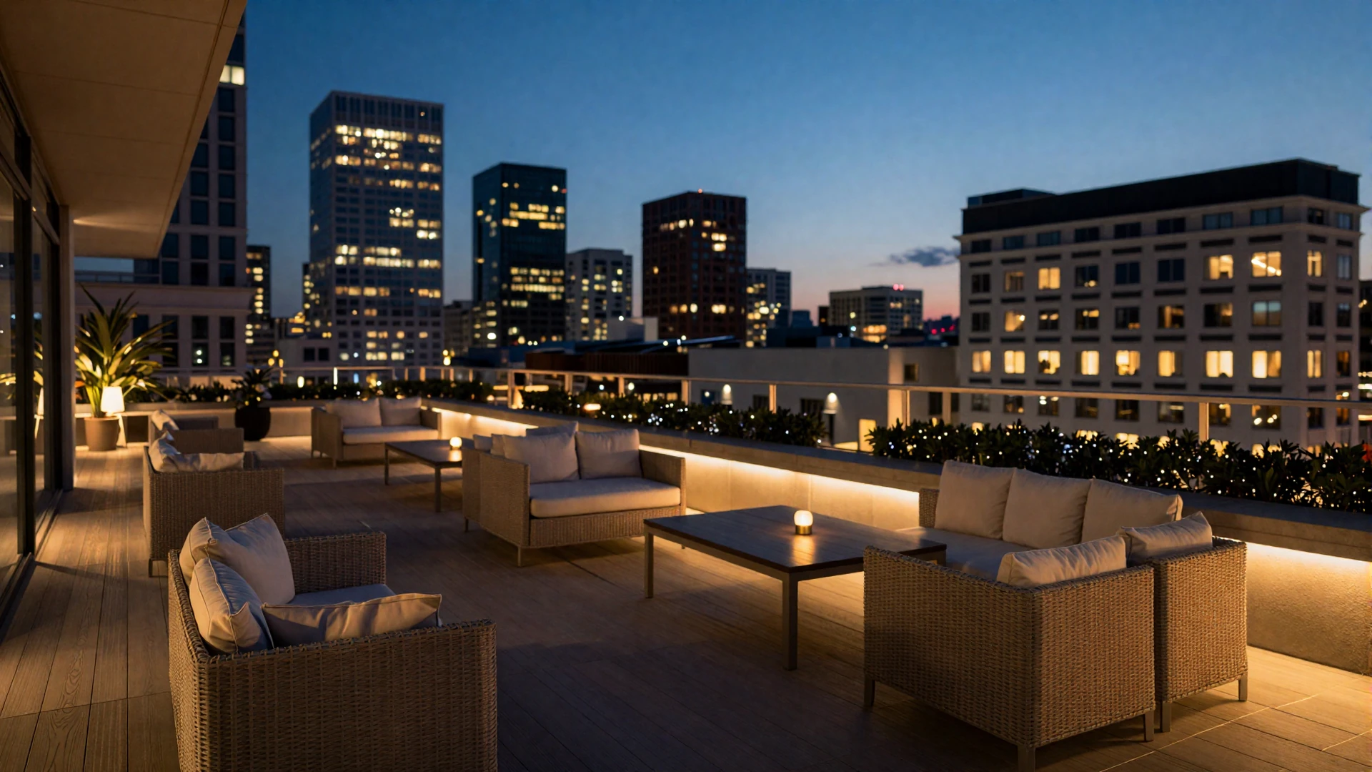 Modern upscale city rooftop terrace at dusk with ambient lighting