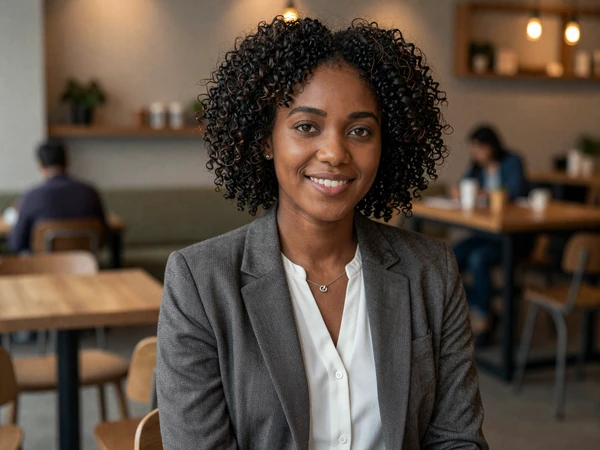 Young female doctor smiling in a modern coffee shop after her residency shift