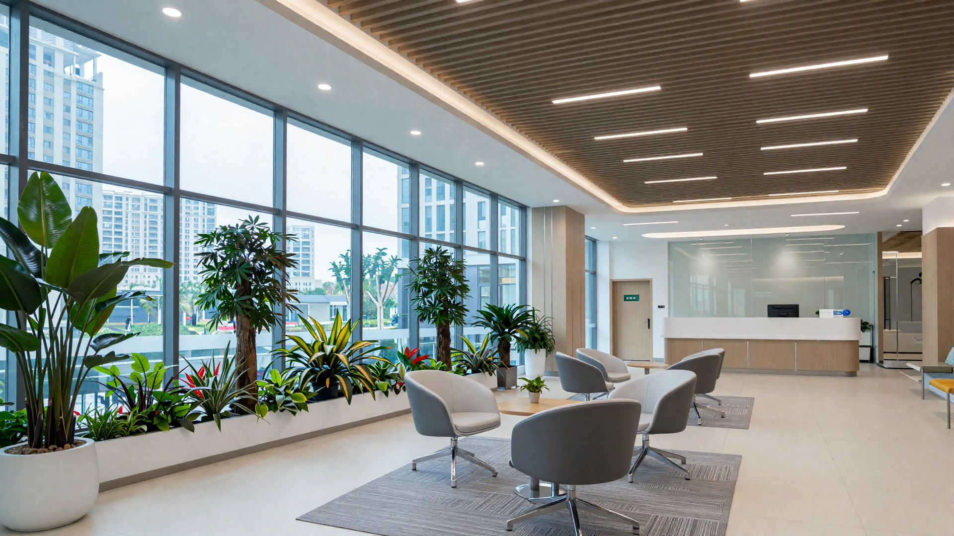 Modern bright clinic interior with large windows and greenery