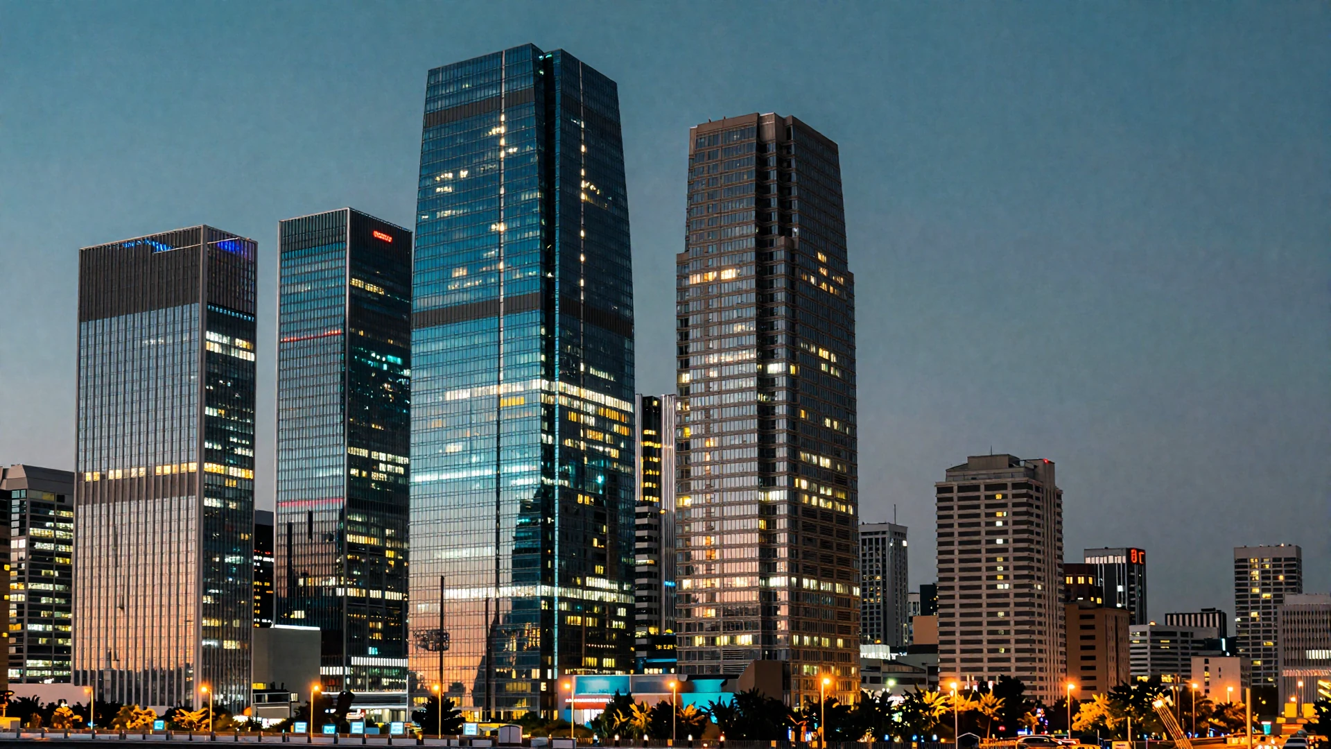 Modern city skyline at dusk with electric blue lighting