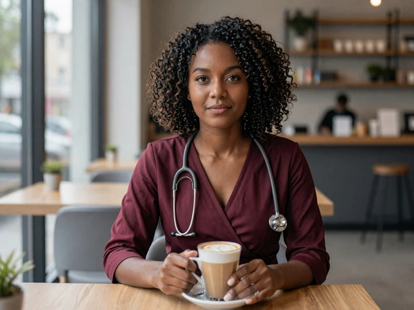 Female nephrologist enjoying coffee in a modern coffee shop