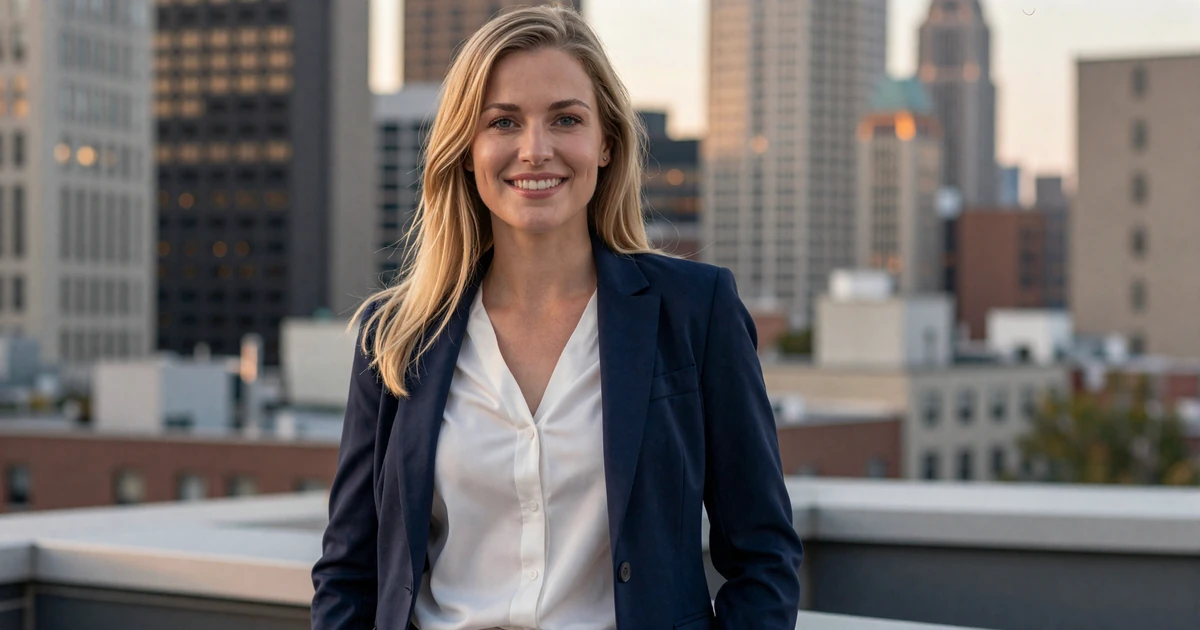Female dermatologist smiling confidently on a city rooftop at dusk