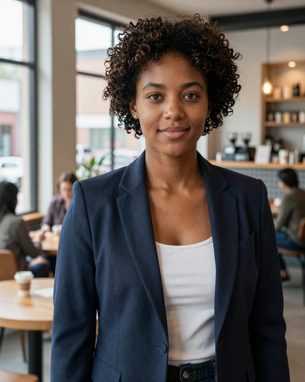 Confident young Black woman in a navy blazer smiling in a modern coffee shop