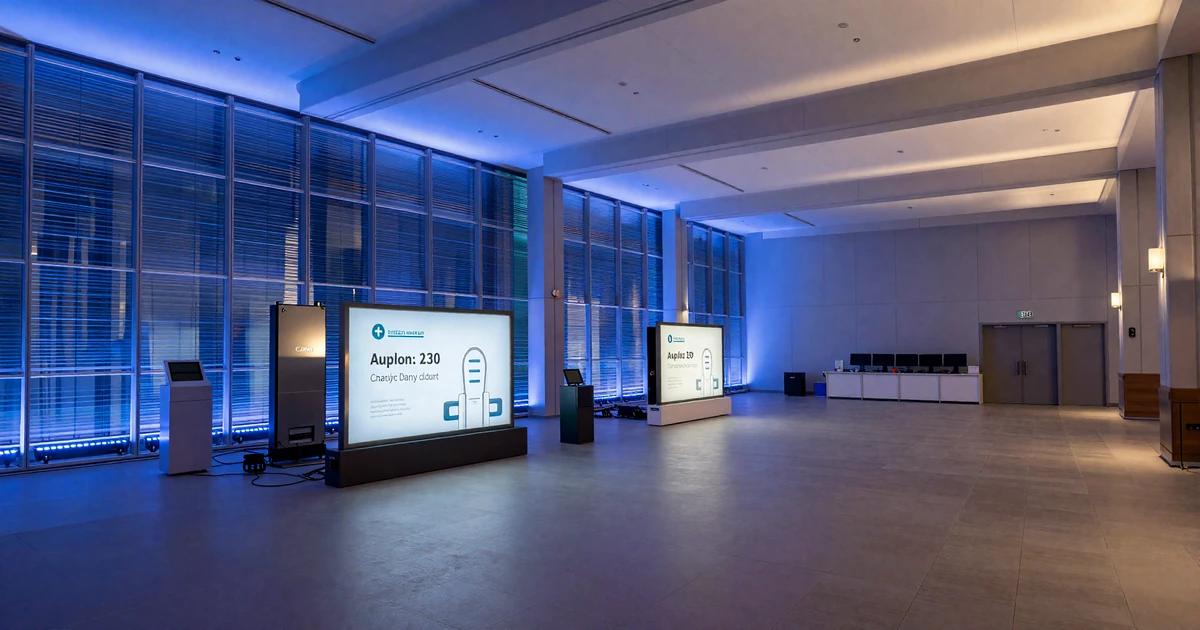 Modern medical conference hall at night with ambient blue lighting