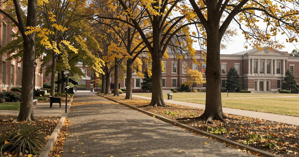 University campus walkway with autumn trees and warm afternoon light