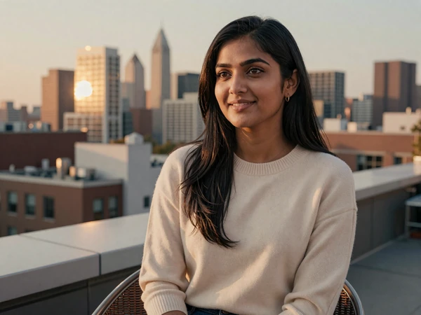 Female anesthesiologist relaxing on a city rooftop at sunset