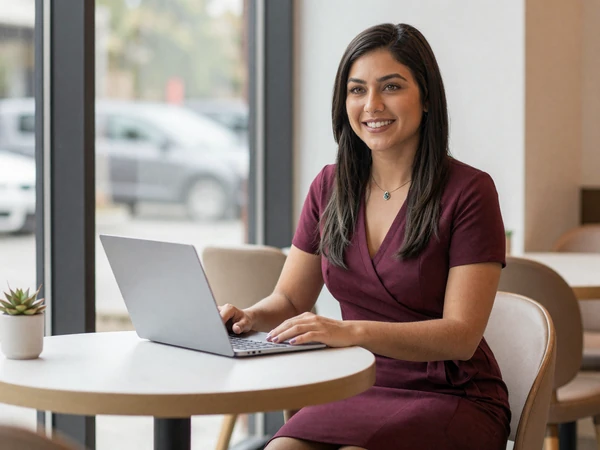 Female obstetrician sitting at a bright modern cafe table
