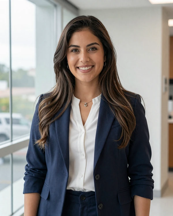Confident Latina nurse smiling in a bright modern clinic lobby