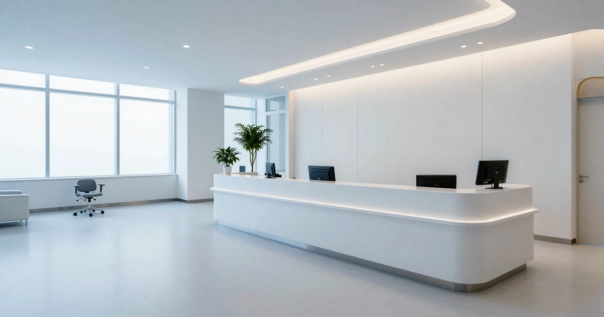 Modern bright clinic reception area with sleek white counters