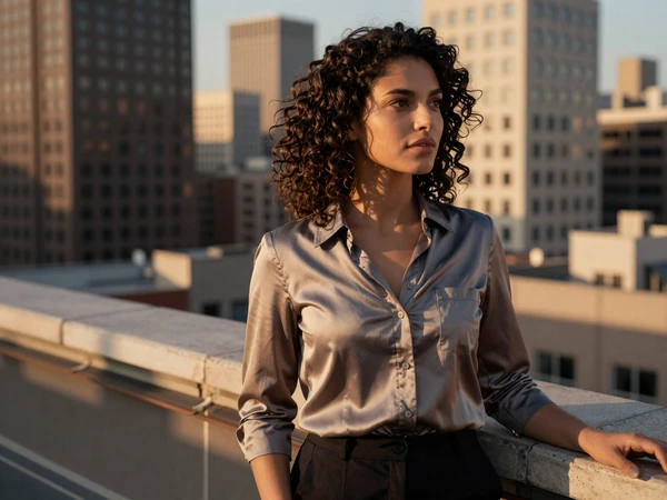 Female radiologist enjoying a city rooftop at golden hour