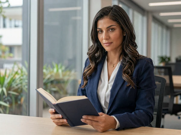 Latina female doctor in a navy blazer reading a book in a modern office