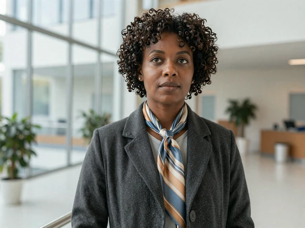 Female anesthesiologist standing thoughtfully in a modern hospital atrium