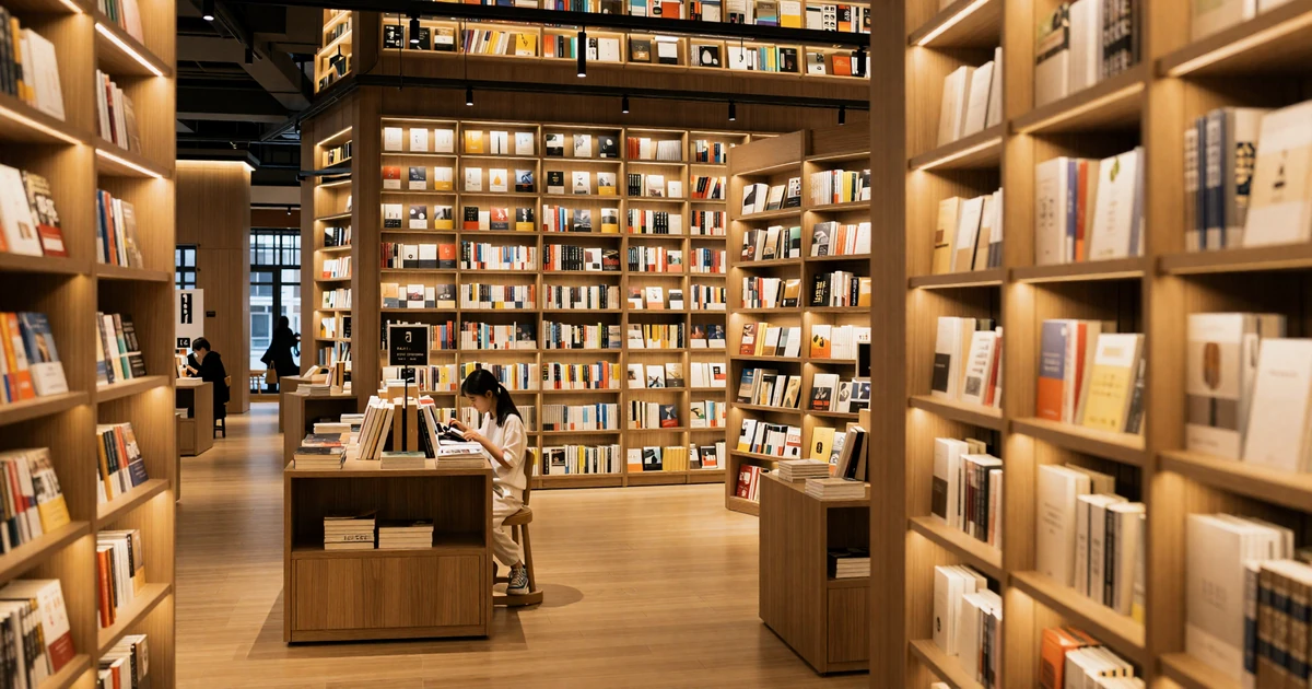 Upscale modern bookstore interior with warm lighting