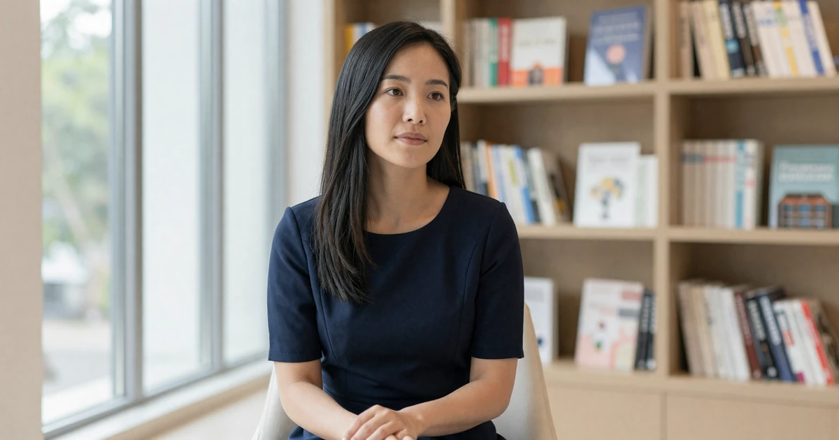 Female psychiatrist sitting thoughtfully in a modern bookstore