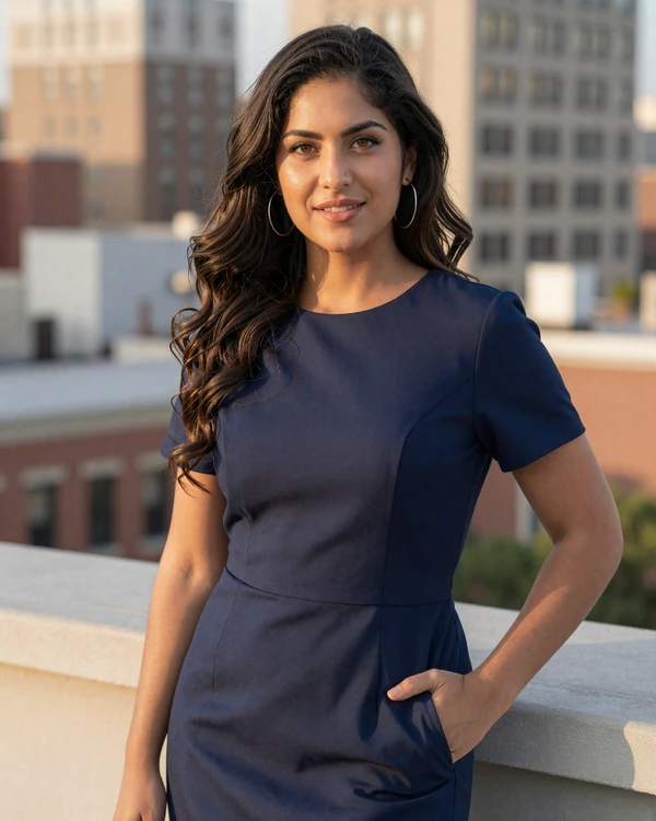 Female endocrinologist smiling on a city rooftop at sunset
