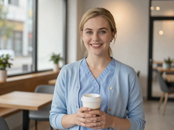 LPN enjoying coffee at a modern cafe after her shift
