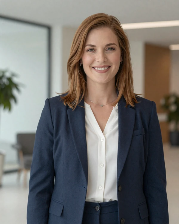 Female gastroenterologist smiling confidently in a modern office lobby