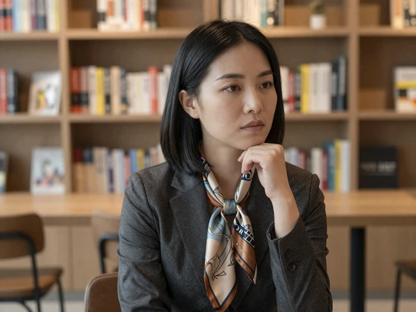 Female neurologist reading thoughtfully in a modern cafe