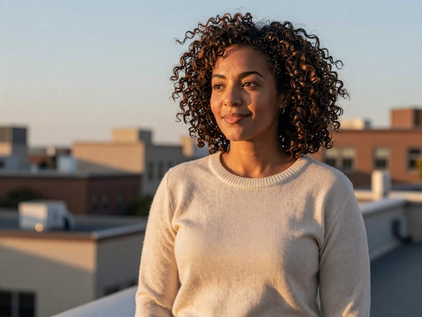 Female physician relaxing on a city rooftop at sunset