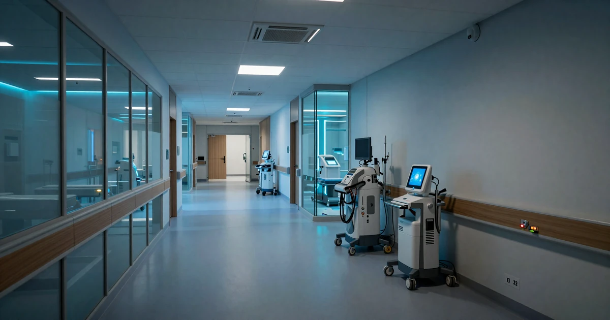 Modern hospital interior with soft blue ambient lighting