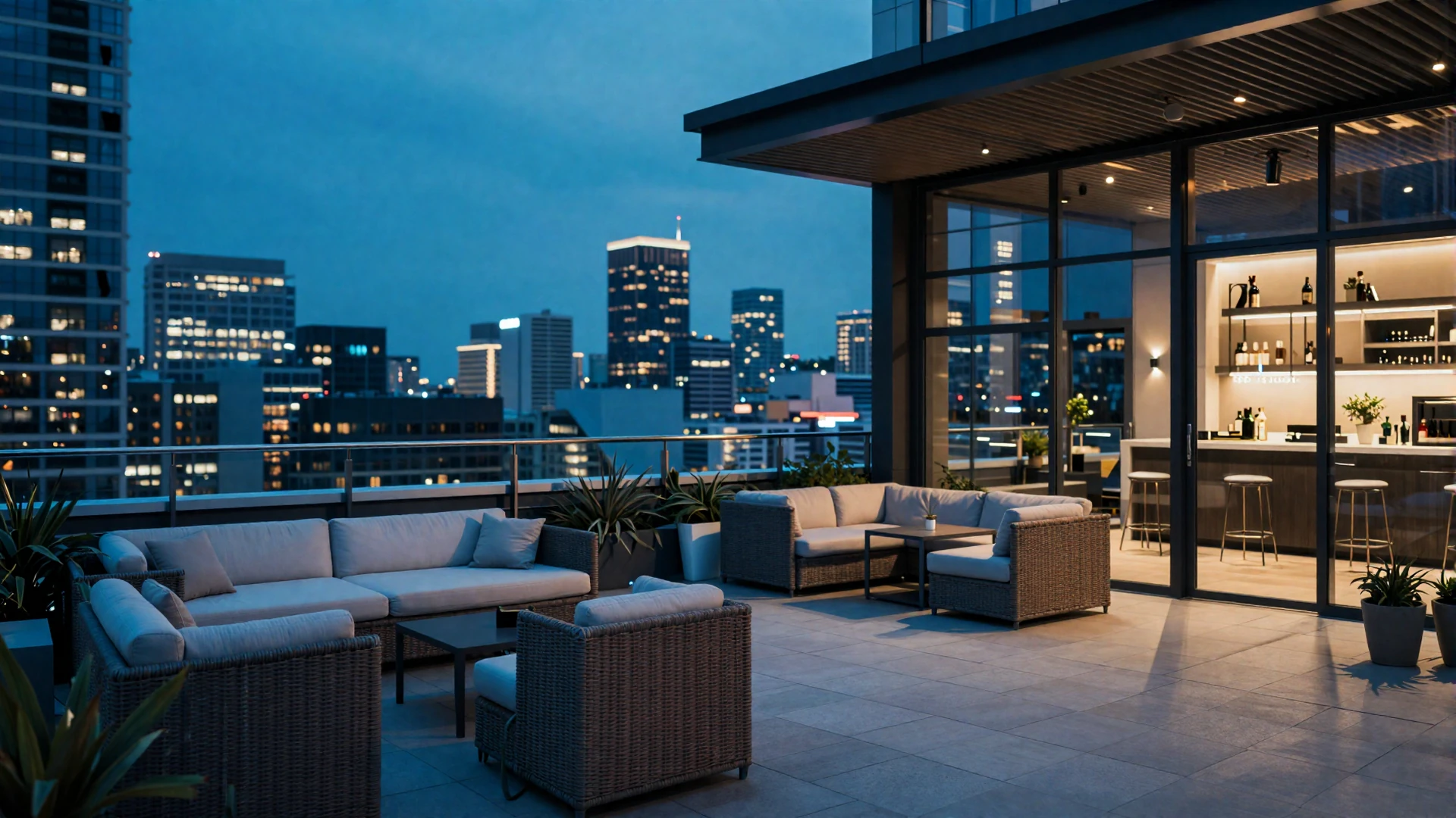 Modern upscale city rooftop terrace at dusk with ambient lighting