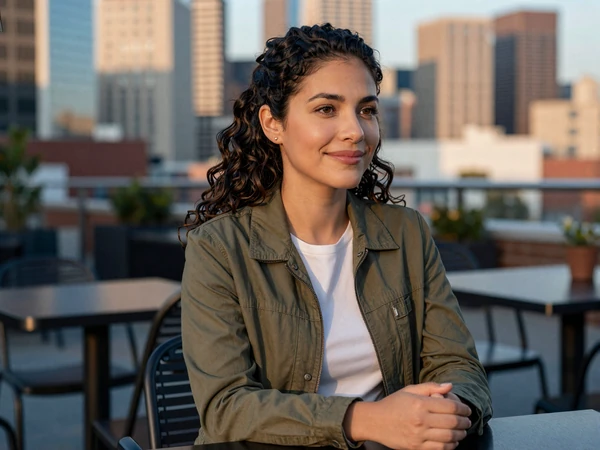 Female orthopedic surgeon relaxing at an outdoor cafe with a city skyline