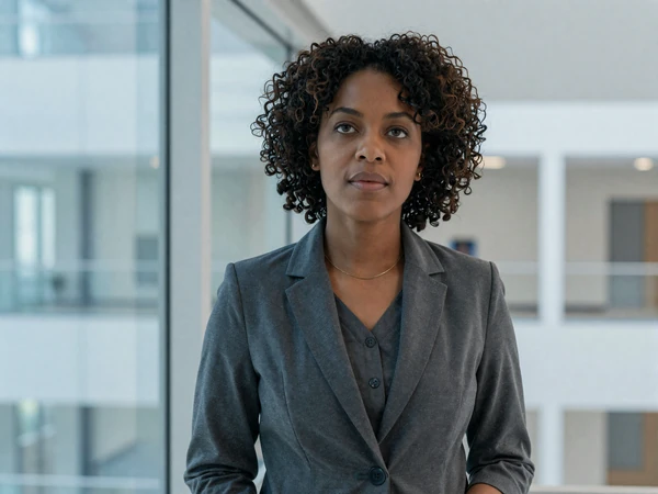 Female orthopedic surgeon standing thoughtfully in a modern hospital atrium