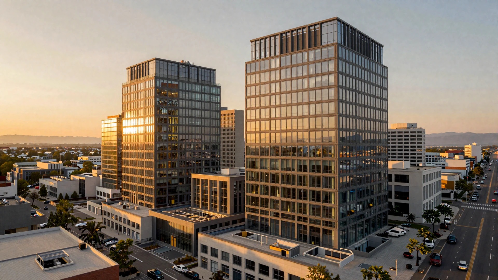 Serene city rooftop at sunset with modern architecture