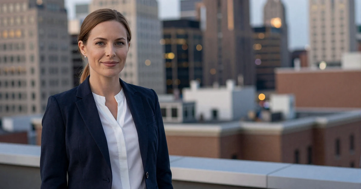 Female cardiologist smiling confidently on a city rooftop at dusk