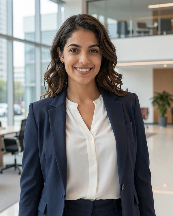 Confident female doctor in a modern office lobby
