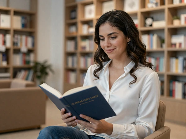 Female physician assistant reading in a cozy modern bookstore